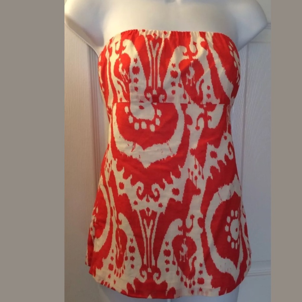 J. CREW Strapless Top Ikat Shirt Blouse Orange White Geometric Summer Time Beach